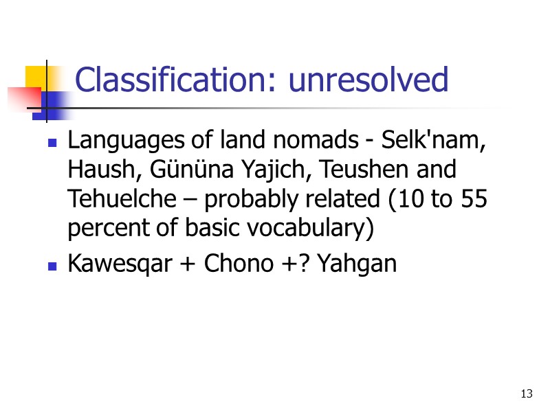13 Classification: unresolved Languages of land nomads - Selk'nam, Haush, Gününa Yajich, Teushen and